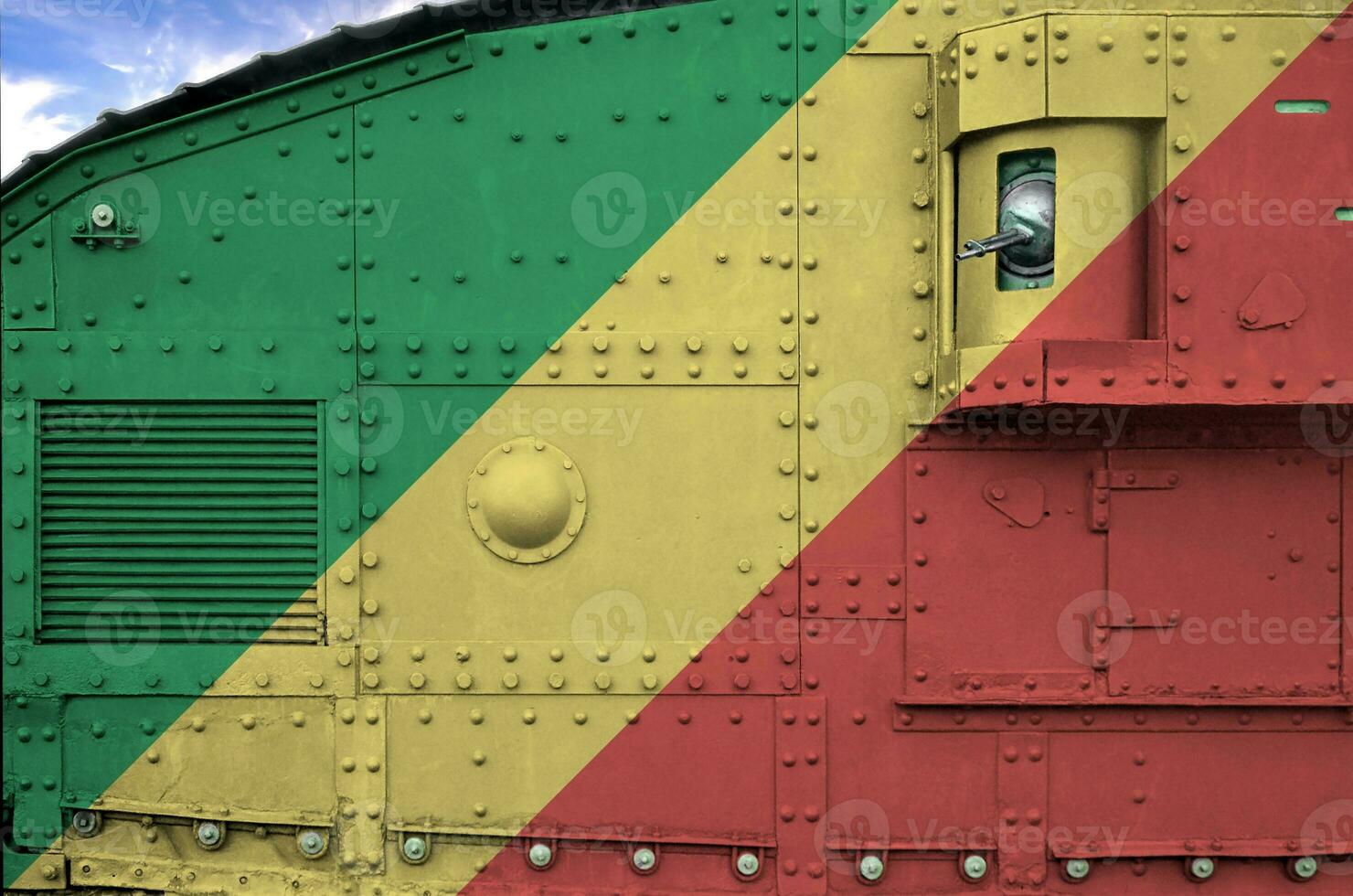 Congo flag depicted on side part of military armored tank closeup. Army forces conceptual background photo