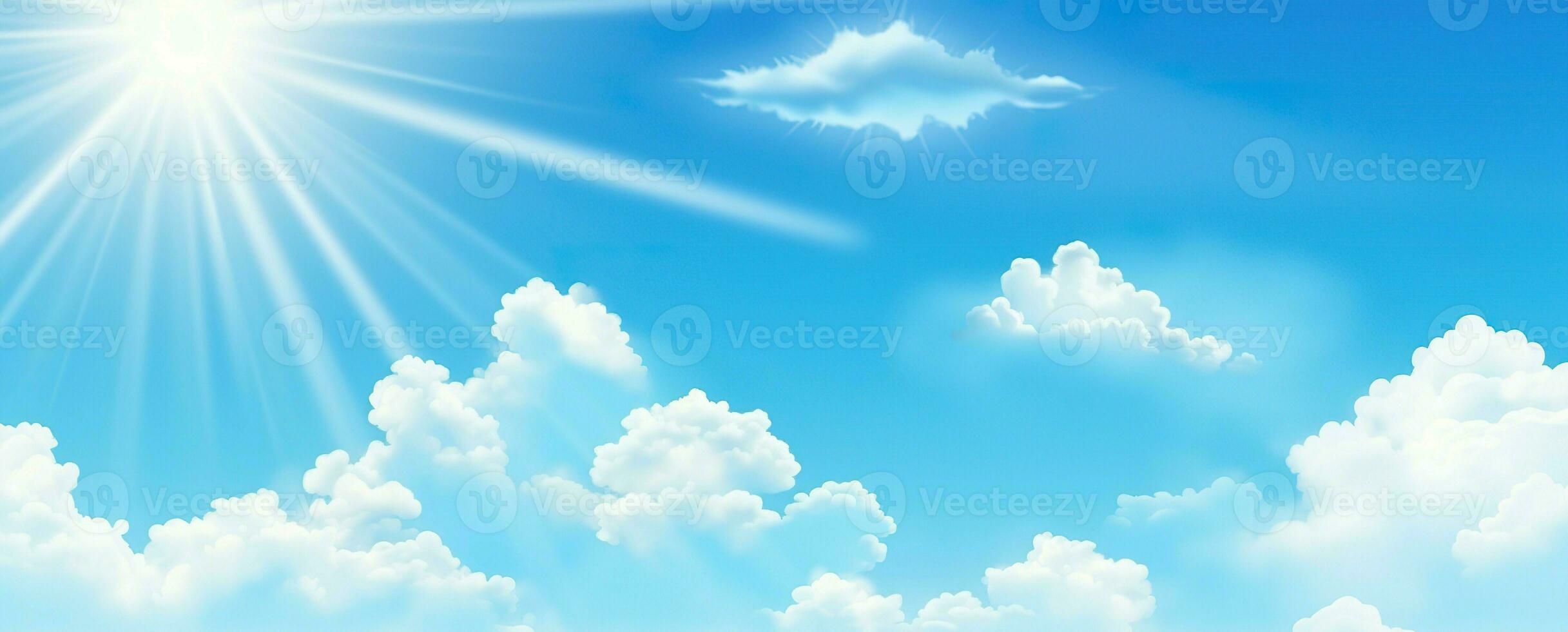 AI generated Sunny background, blue sky with white clouds and sun. Generative AI photo