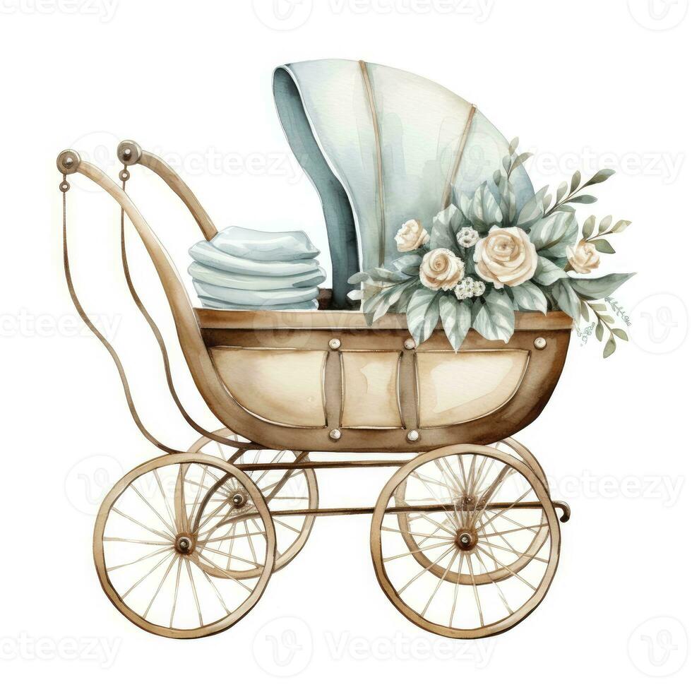 AI generated Watercolor Baby carriage Clipart on white background. AI Generated photo