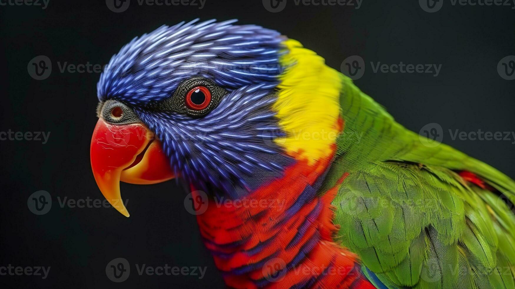 AI generated Side view Closeup of beautiful and colorful Lorikeet Green naped bird. Generative AI photo