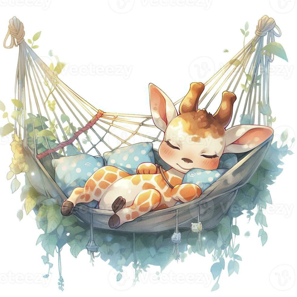 AI generated A sleepy baby giraffe in a hammock. watercolor illustration. AI Generated photo