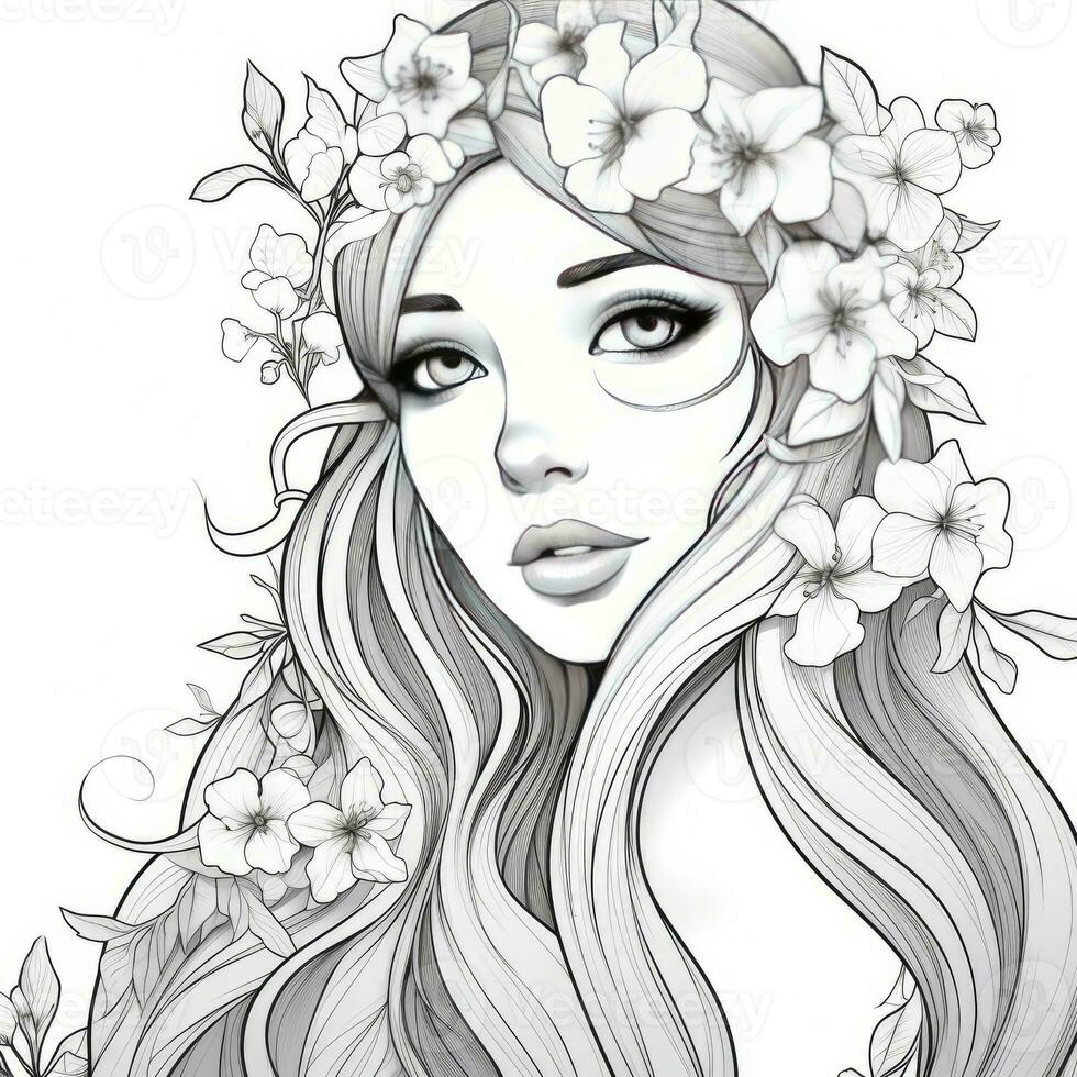 AI generated A girl on a coloring book page with Jasmine flowers. AI Generated photo