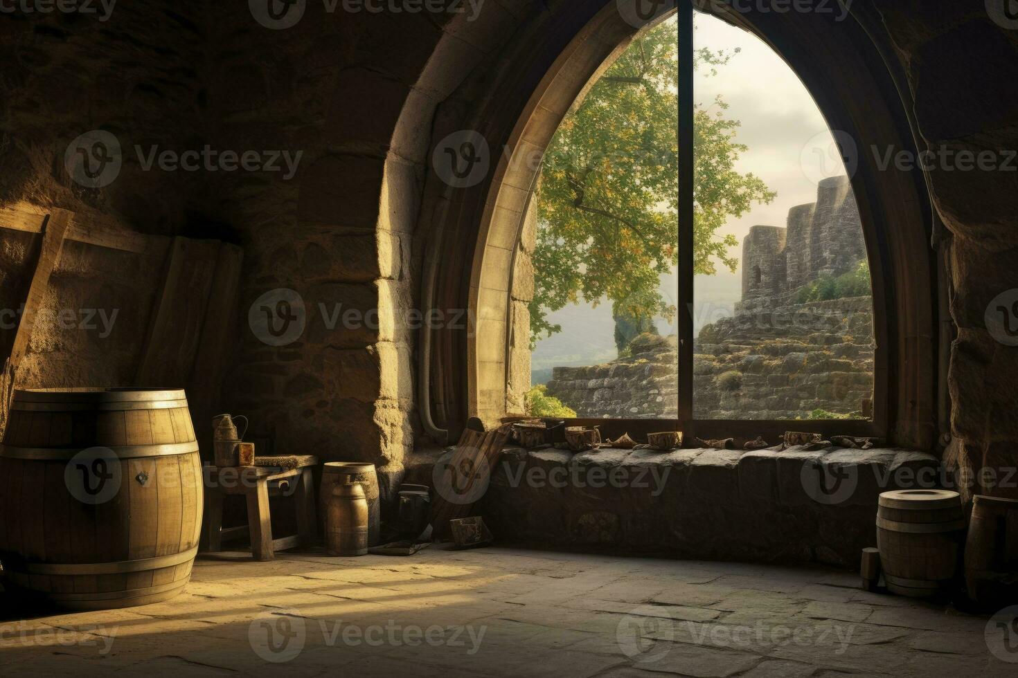 AI generated Barrel in an ancient castle beside the window. AI Generated photo