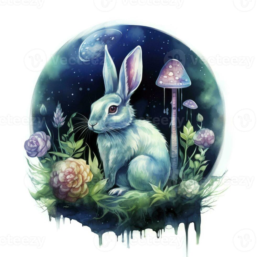 AI generated Watercolor Rabbit and Glowing Moon for T-shirt Design. AI Generated photo