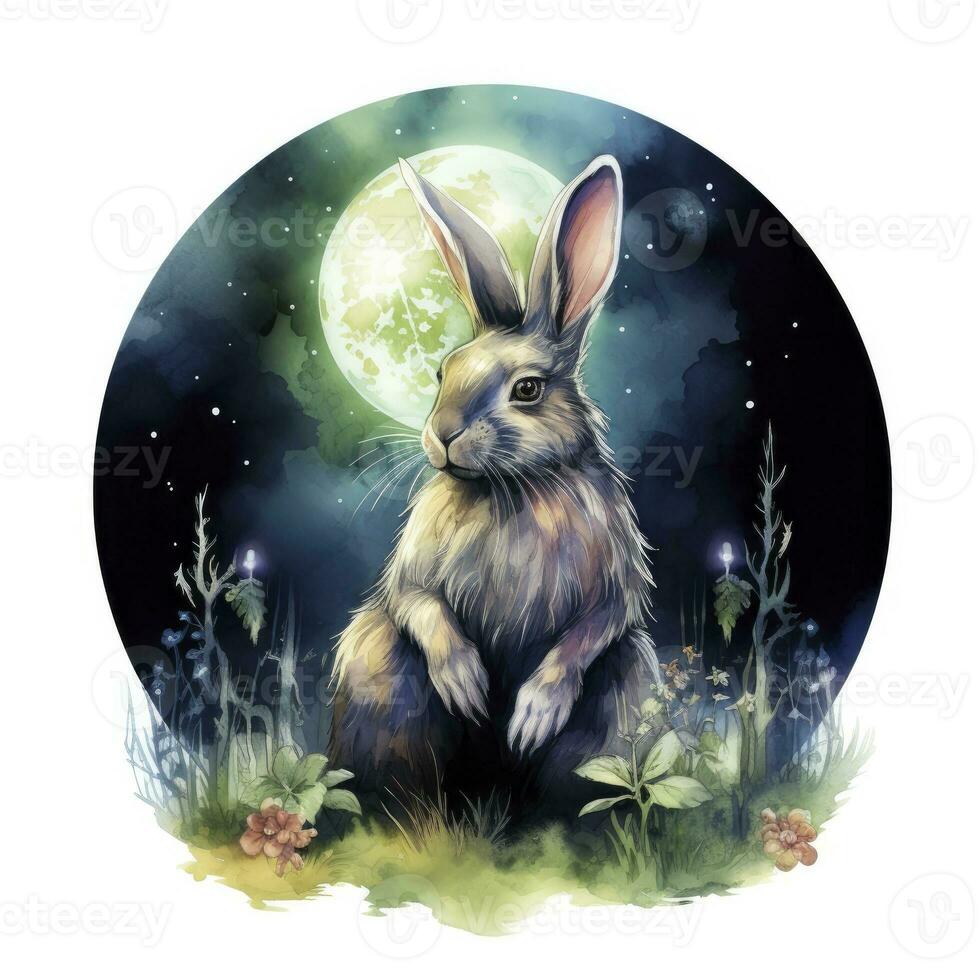 AI generated Watercolor Rabbit and Glowing Moon for T-shirt Design. AI Generated photo