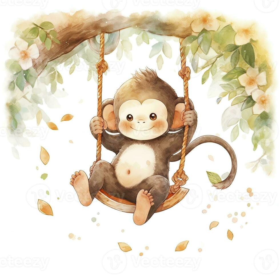 AI generated Cute happy baby monkey on swings on a tree in watercolor. AI Generated photo