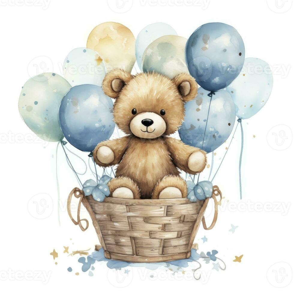 AI generated A watercolor baby teddy bear is sitting in the basket with blue and gold balloons. AI Generated photo