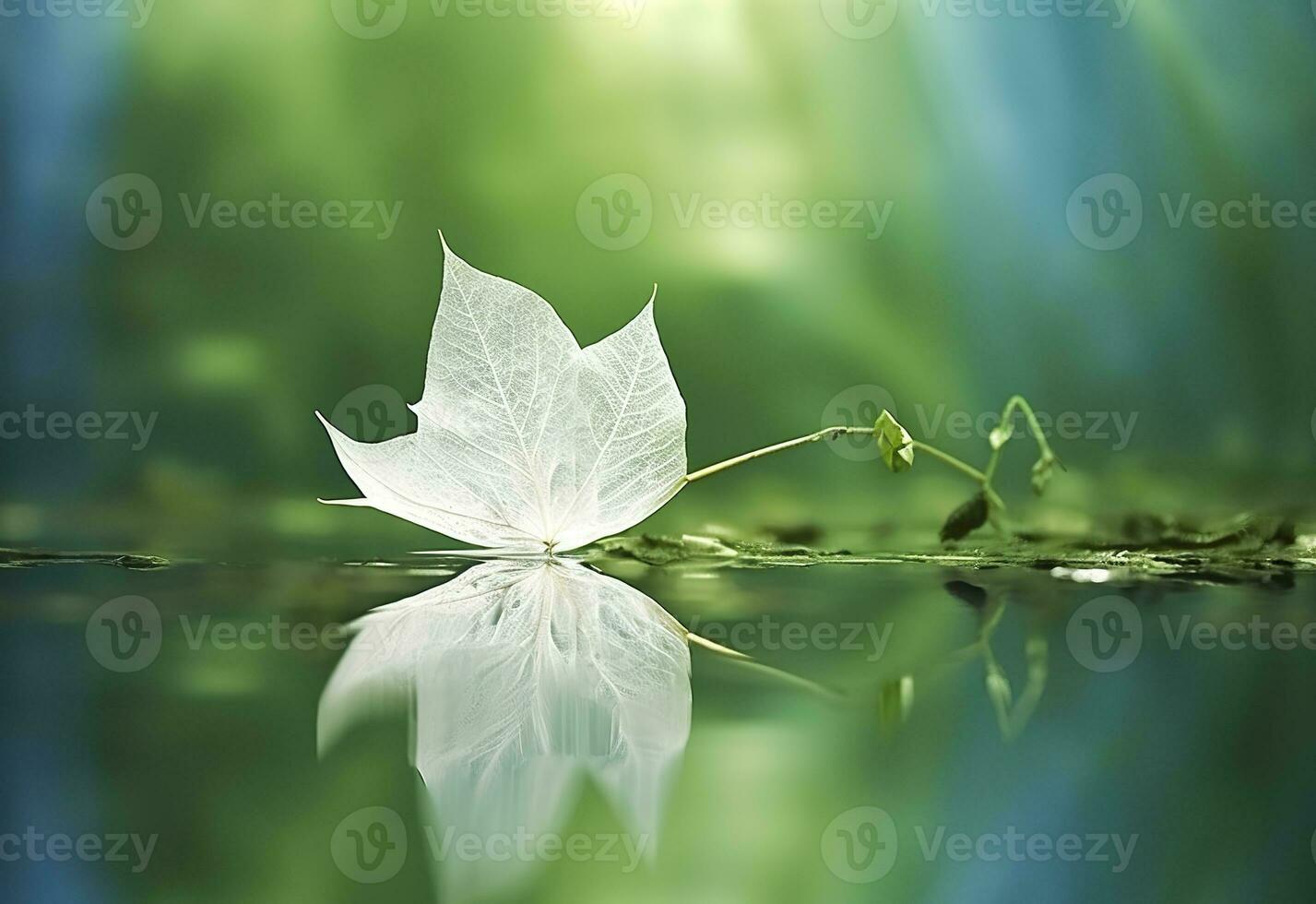 AI generated White transparent leaf on mirror surface with reflection on green background macro. Generative AI photo