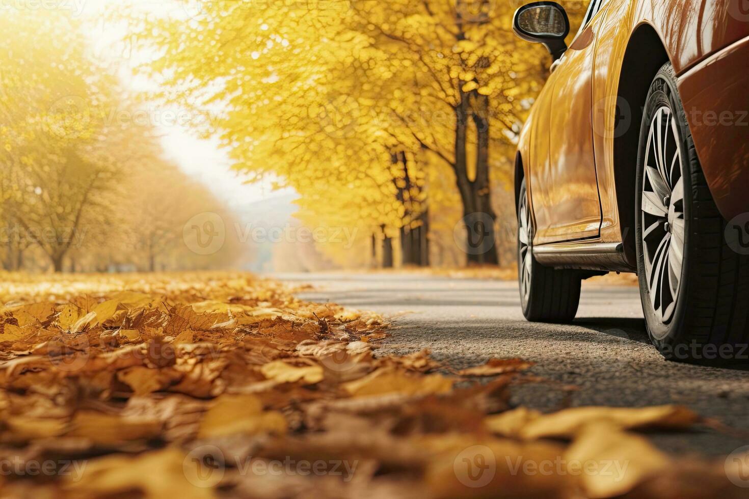 AI generated Car on asphalt road on an autumn day at the park. AI Generated photo