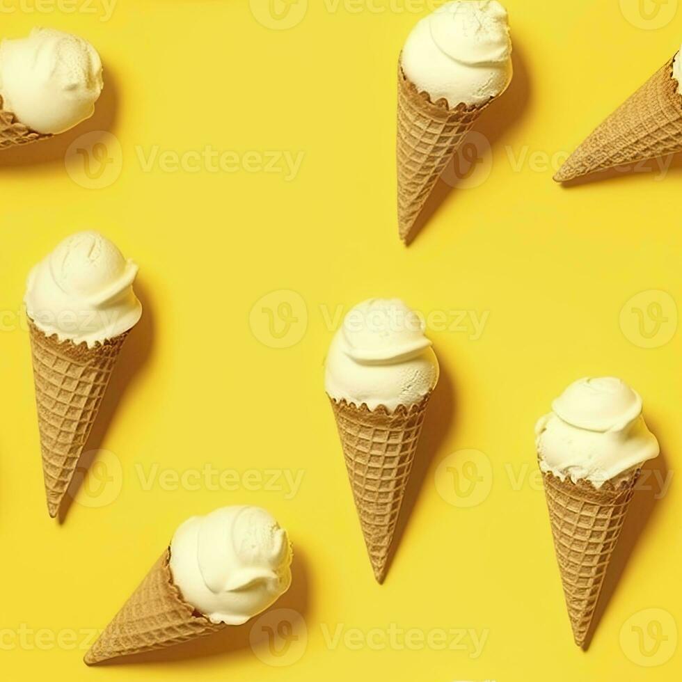 AI generated Ice Cream pattern on yellow background, top view. AI Generated photo