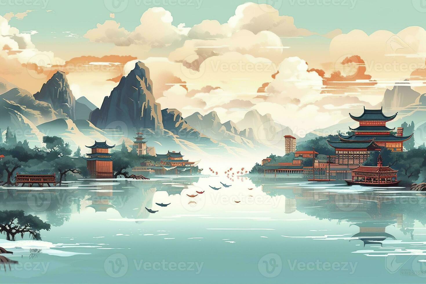 AI generated Chinese landscape map, distant mountains, clear rivers, ancient buildings, ships, birds, clouds and mist, brilliant light, AI Generative photo