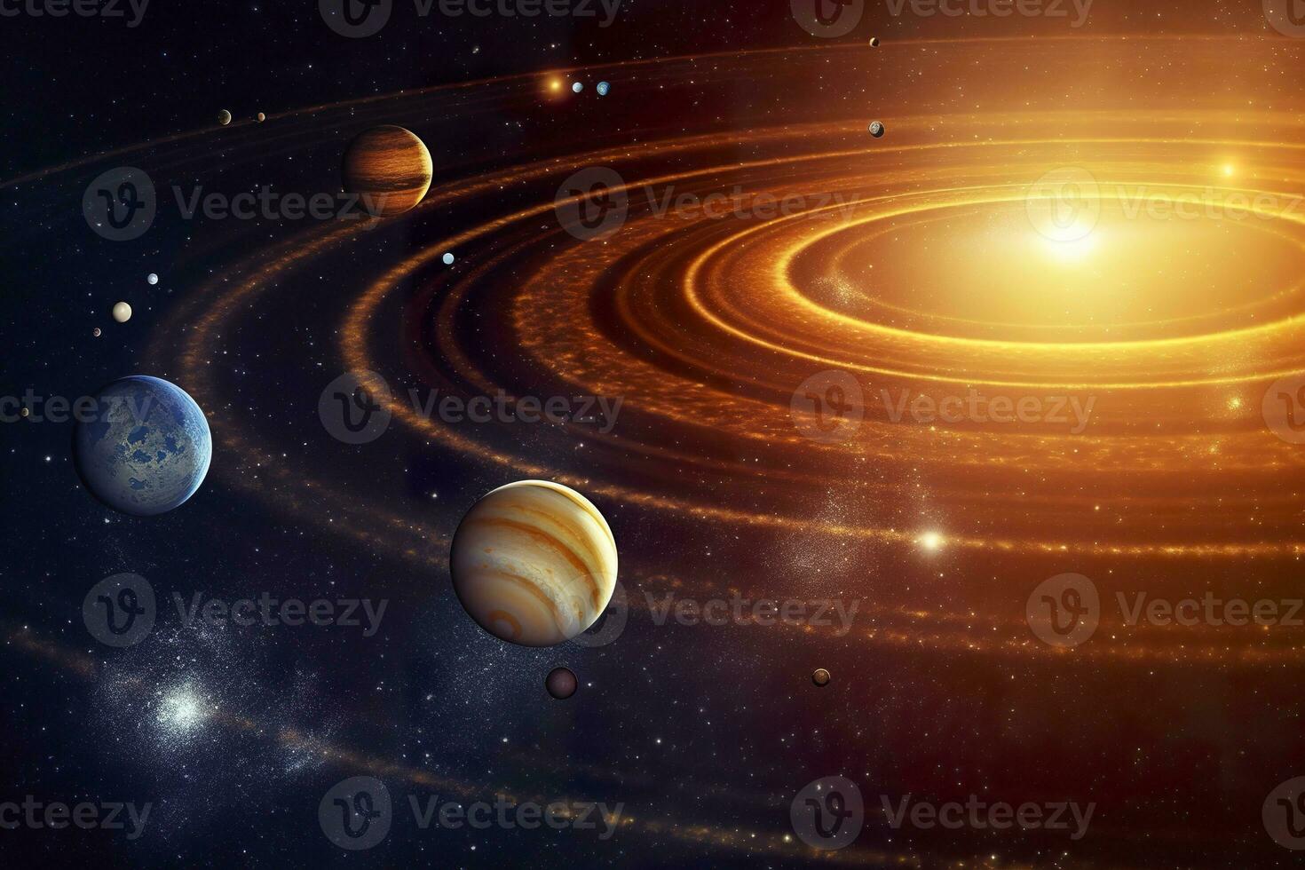 AI generated Our 3d Solar system with planets in orbits path. AI Generative photo