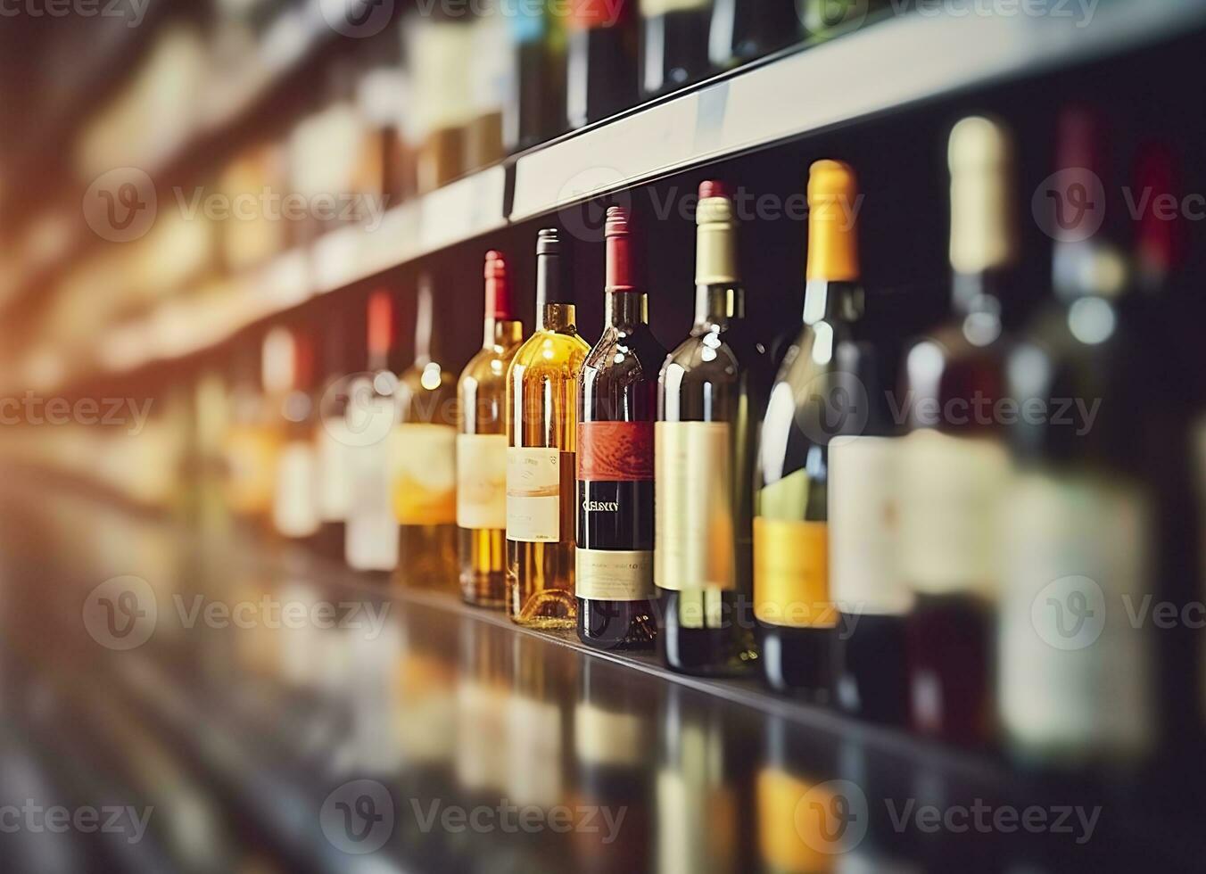 AI generated Abstract blur wine bottles on liquor alcohol shelves in supermarket store background. Generative AI photo