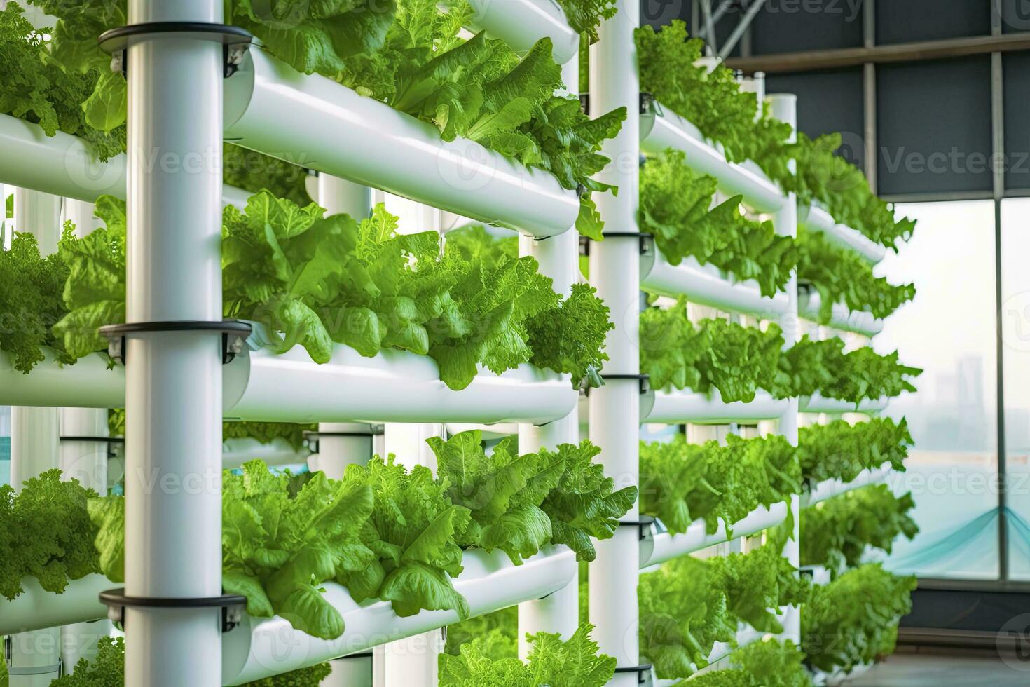 AI generated Vertical Hydroponic Plant System With Cultivated Lettuces. AI Generated photo