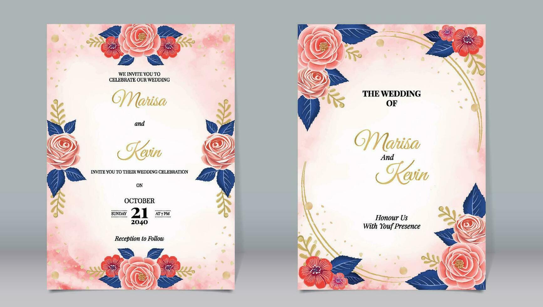 Wedding invitation of pink roses and blue leaves on a watercolor background vector