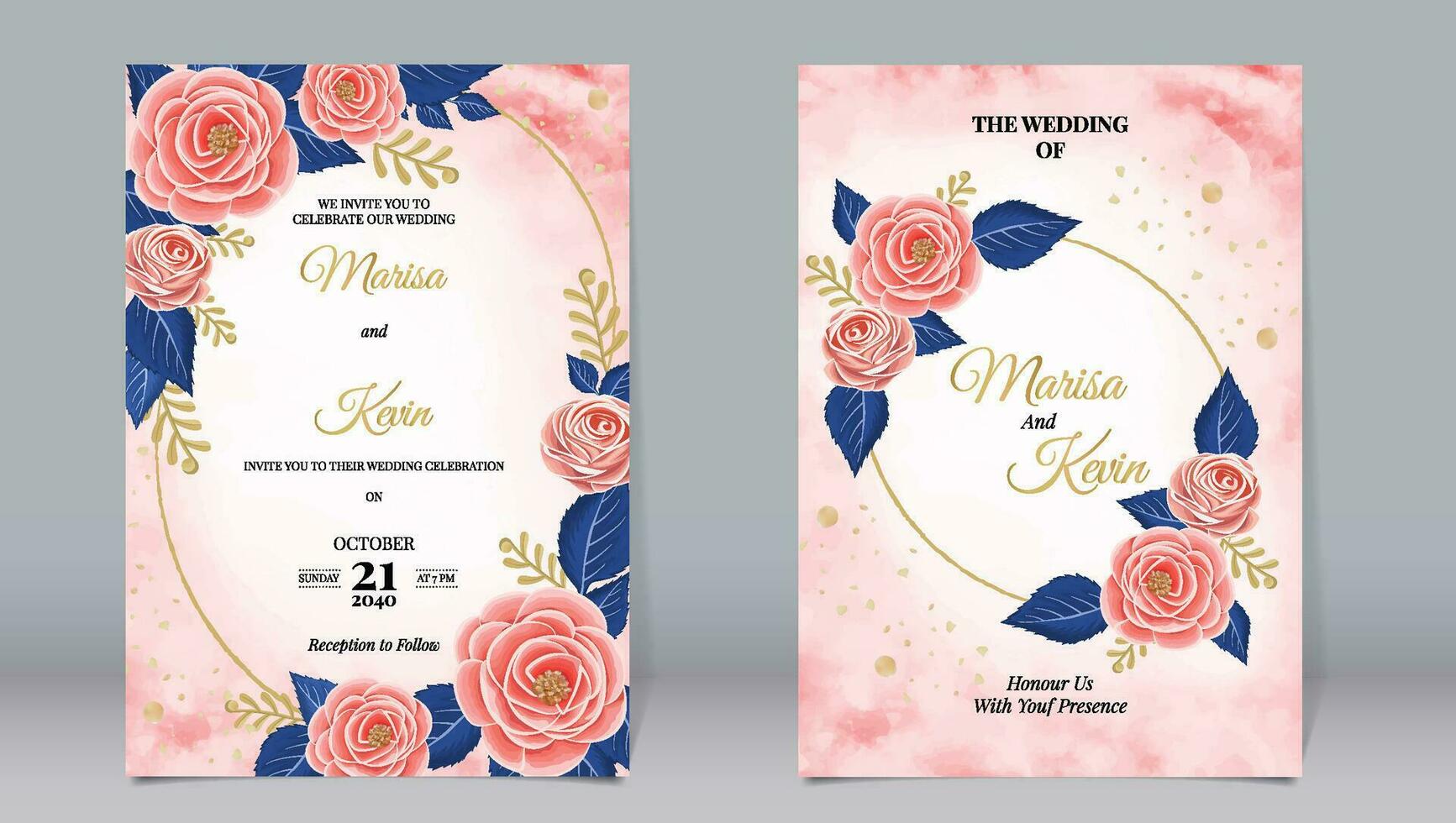 Wedding invitation of pink roses and blue leaves on a watercolor background vector