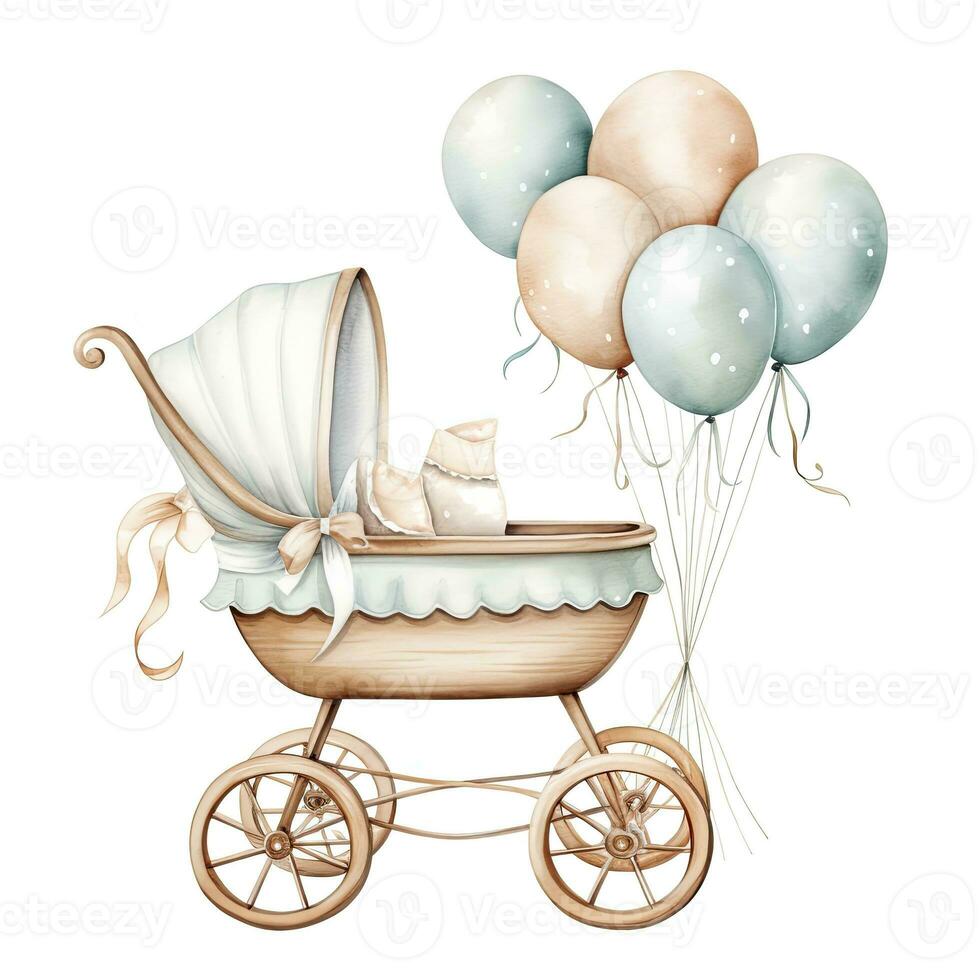 AI generated Watercolor Baby carriage Clipart on white background. AI Generated photo
