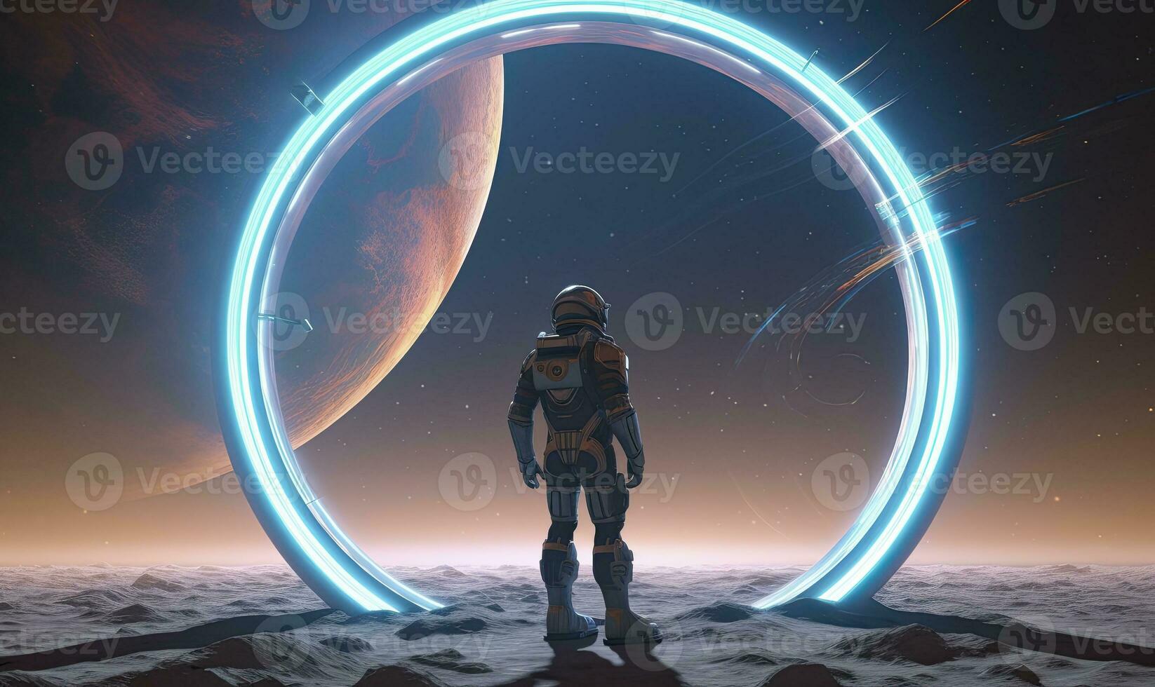 AI generated Astronaut in front of dimensional portal.  AI Generated. photo