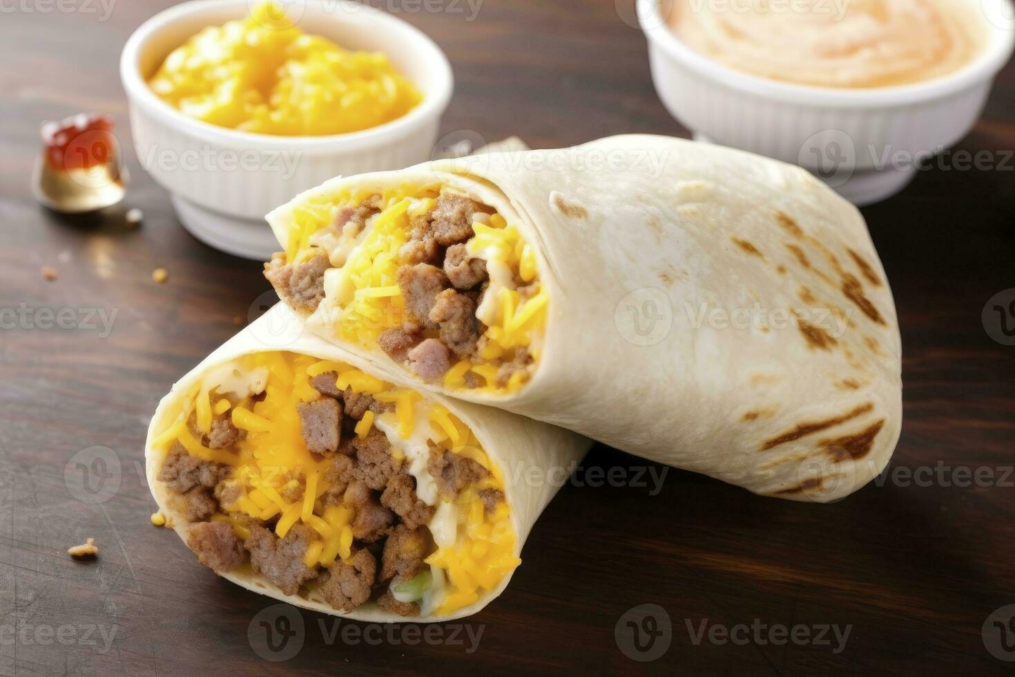 AI generated Breakfast burrito with sausage, eggs, hashbrown and cheese. AI Generated photo