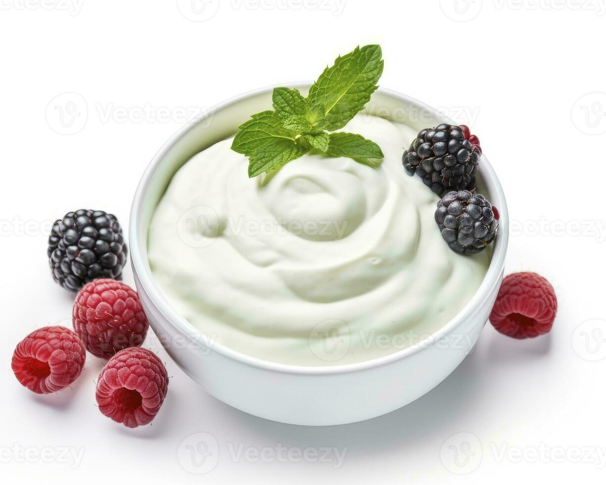 AI generated Green bowl of greek yogurt and fresh berries isolated on white background. AI Generated photo