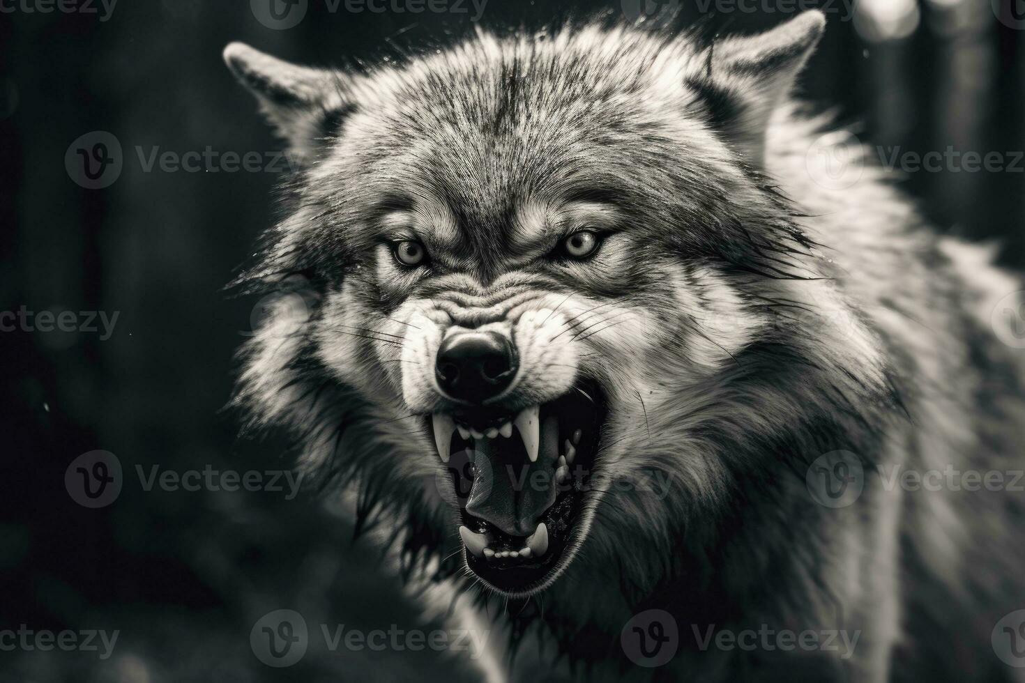 AI generated Greyscale closeup shot of an angry wolf with a blurred background. AI Generated photo