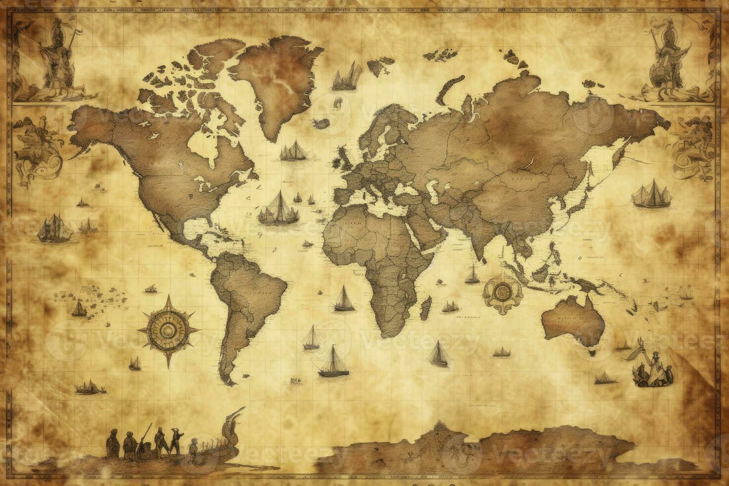 AI generated Great detailed illustration of the world map in vintage style. AI Generated photo