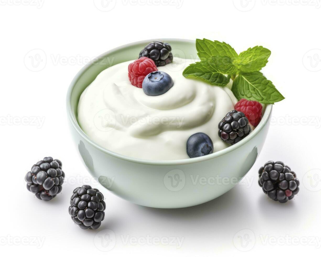 AI generated Green bowl of greek yogurt and fresh berries isolated on white background. AI Generated photo