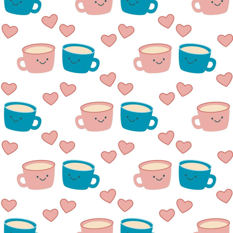 Lovers cups in kawaii style seamless pattern vector