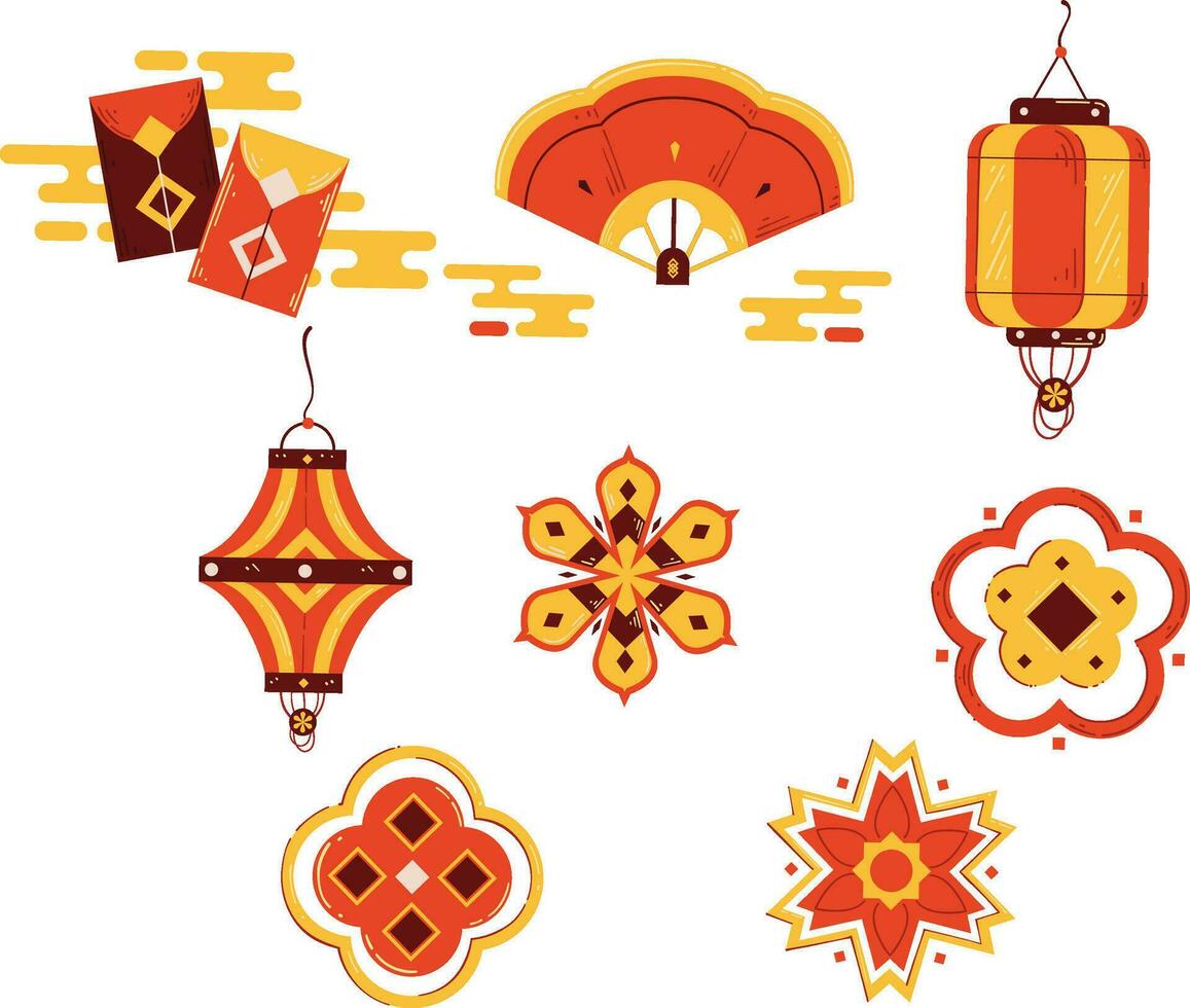 plano chino nuevo año adornos colección, plana chino nuevo año diseño elementos colección, seda chino linterna icono, plano estilo vector