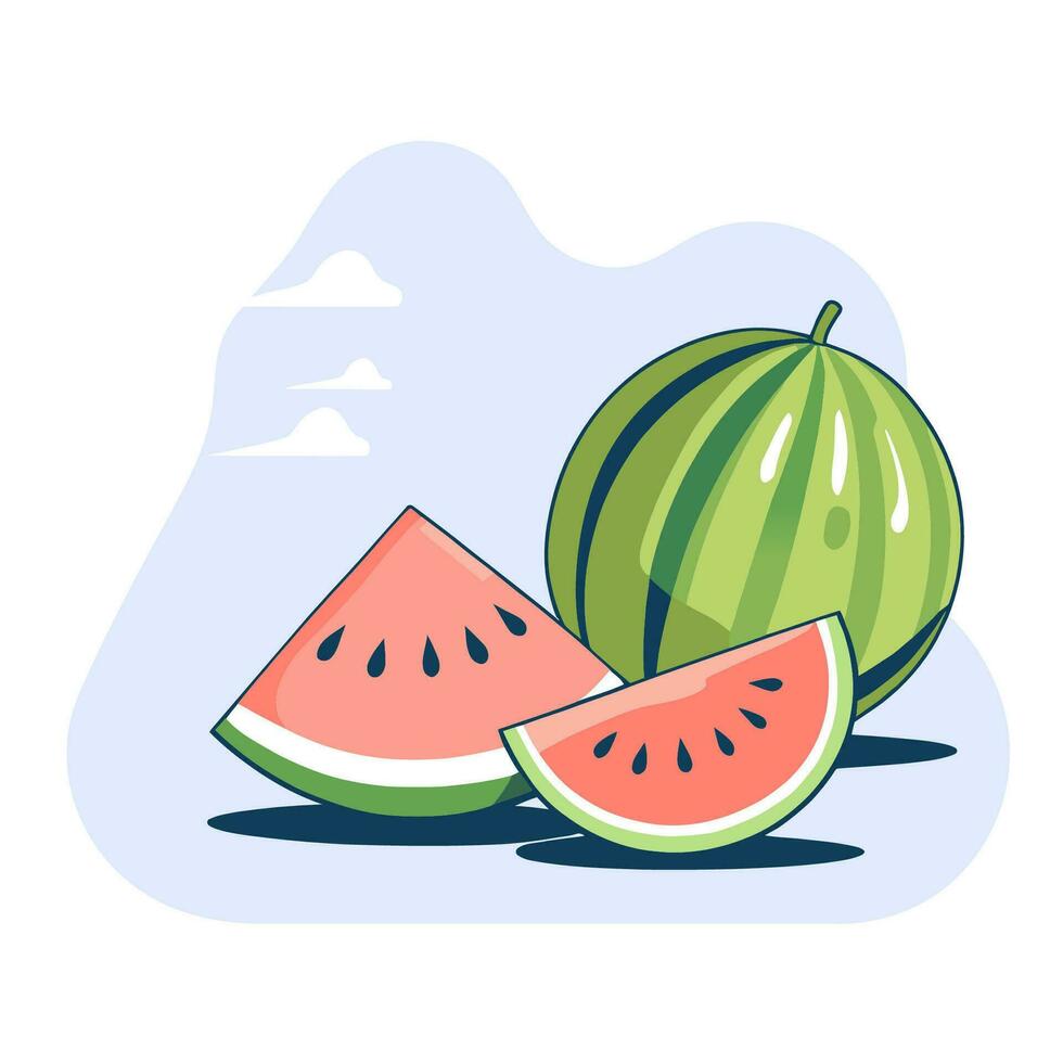 Two slices of ripe, juicy watermelon sitting next to each other and a whole watermelon on a blue background. Vector illustration in cartoon style.