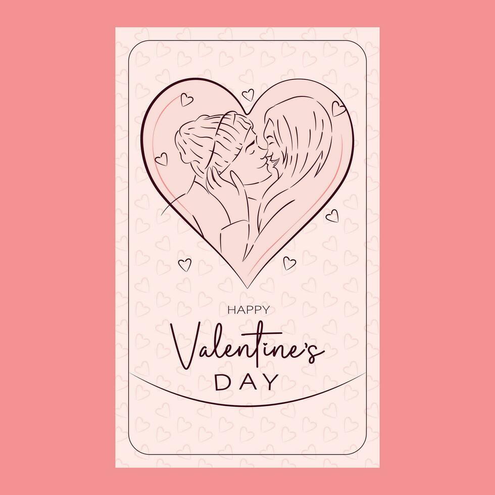 tarjeta con ilustración de un Pareja besos para San Valentín día, decoración con silueta de corazones vector