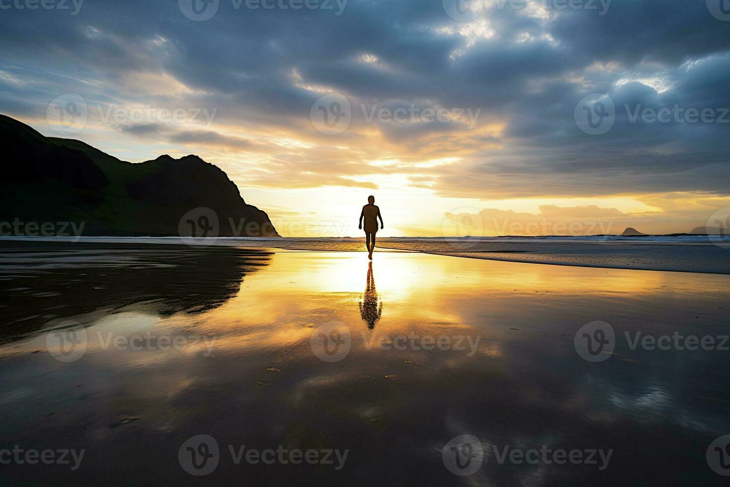 AI generated A person walking on the beach at sunset. AI Generated. photo