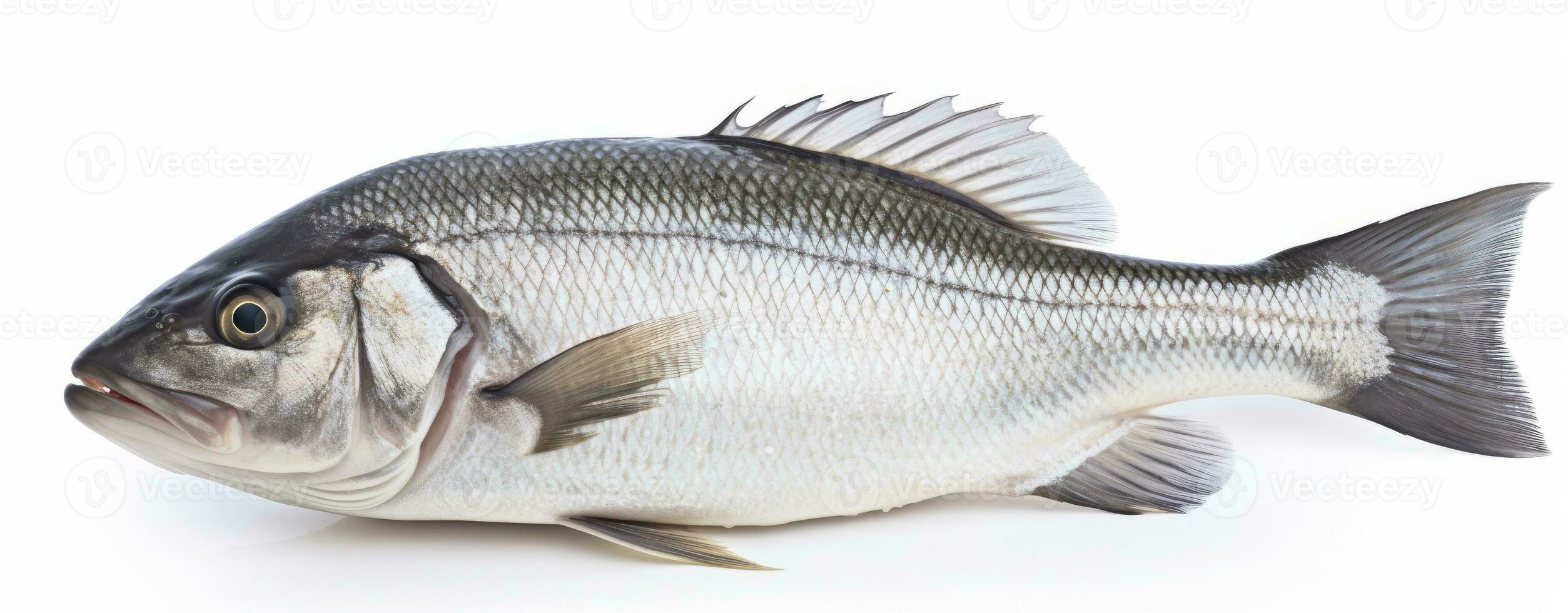 AI generated One fresh sea bass fish isolated on white background. AI Generated. photo