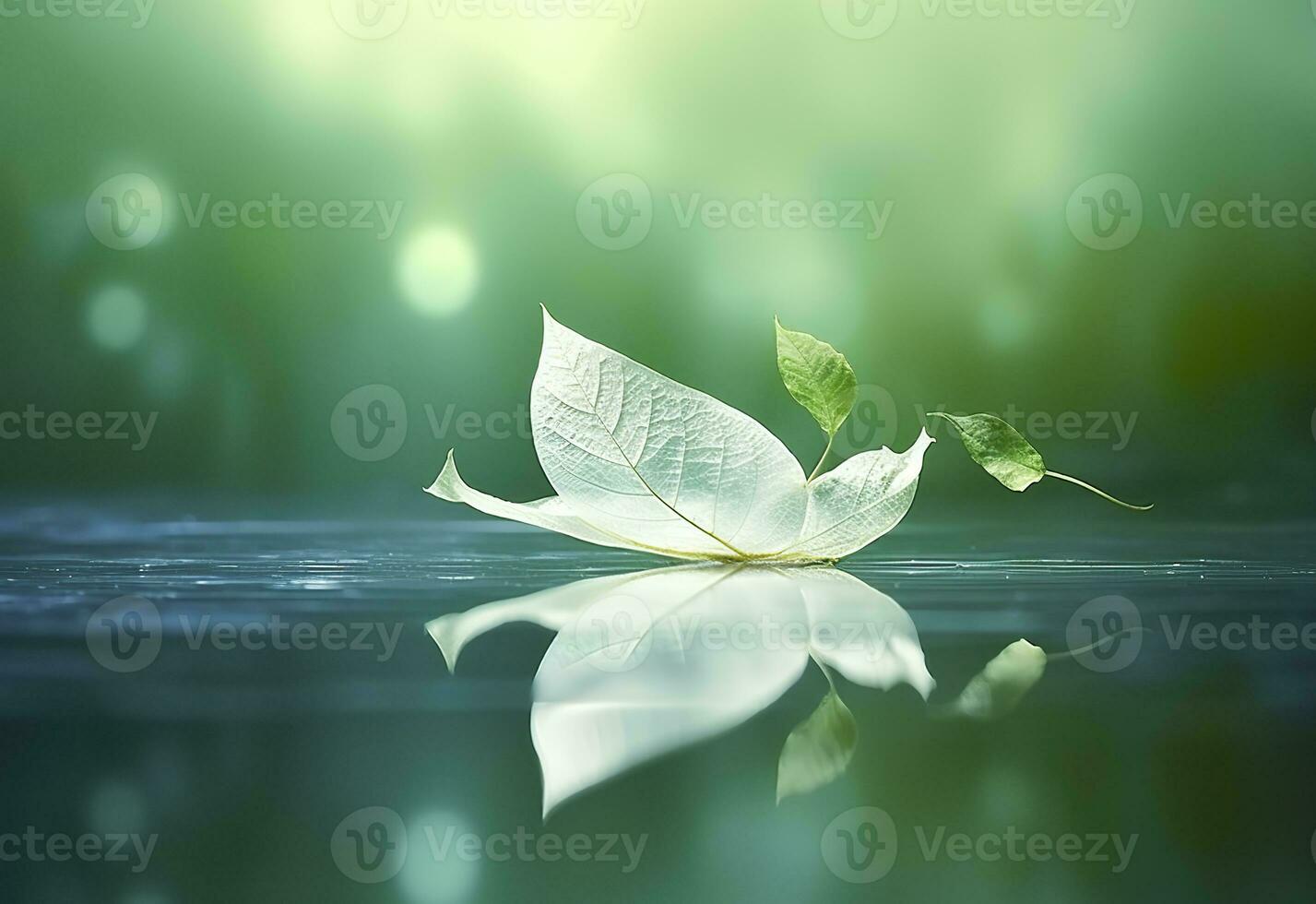 ai generado blanco transparente hoja en espejo superficie con reflexión en verde antecedentes macro. generativo ai foto