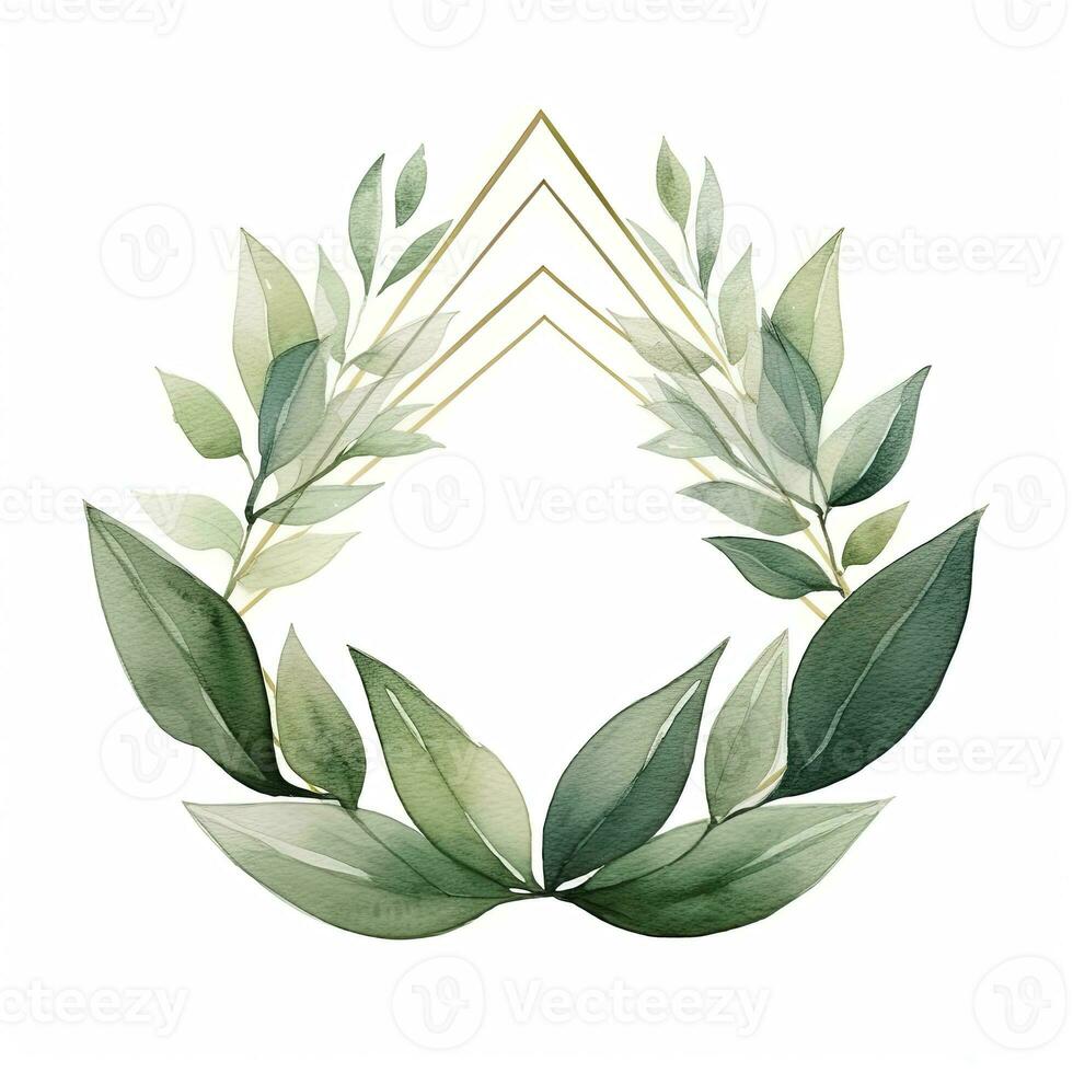 AI generated Watercolor geometry shape wreath with green leaf. AI Generated photo