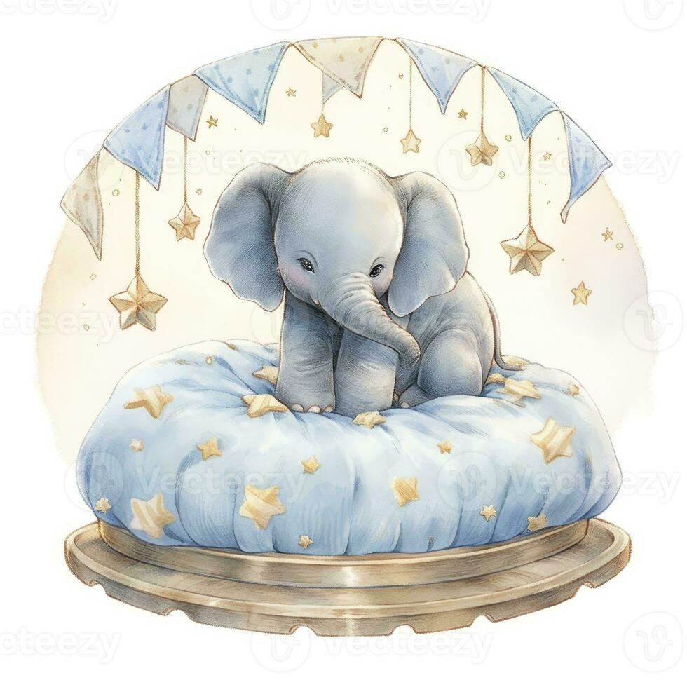 AI generated An elephant on a bed with stars and blankets around the circle. AI Generated photo