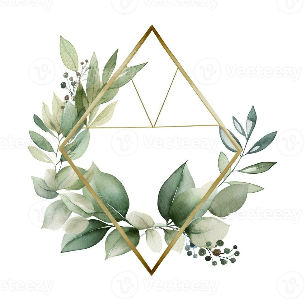 AI generated Watercolor geometry shape wreath with green leaf. AI Generated photo