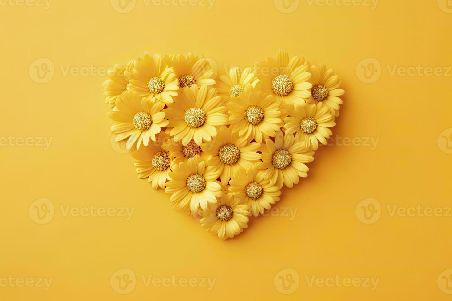 AI generated Yellow Heart Shaped By Yellow Daisies Over Yellow Background. AI Generated photo