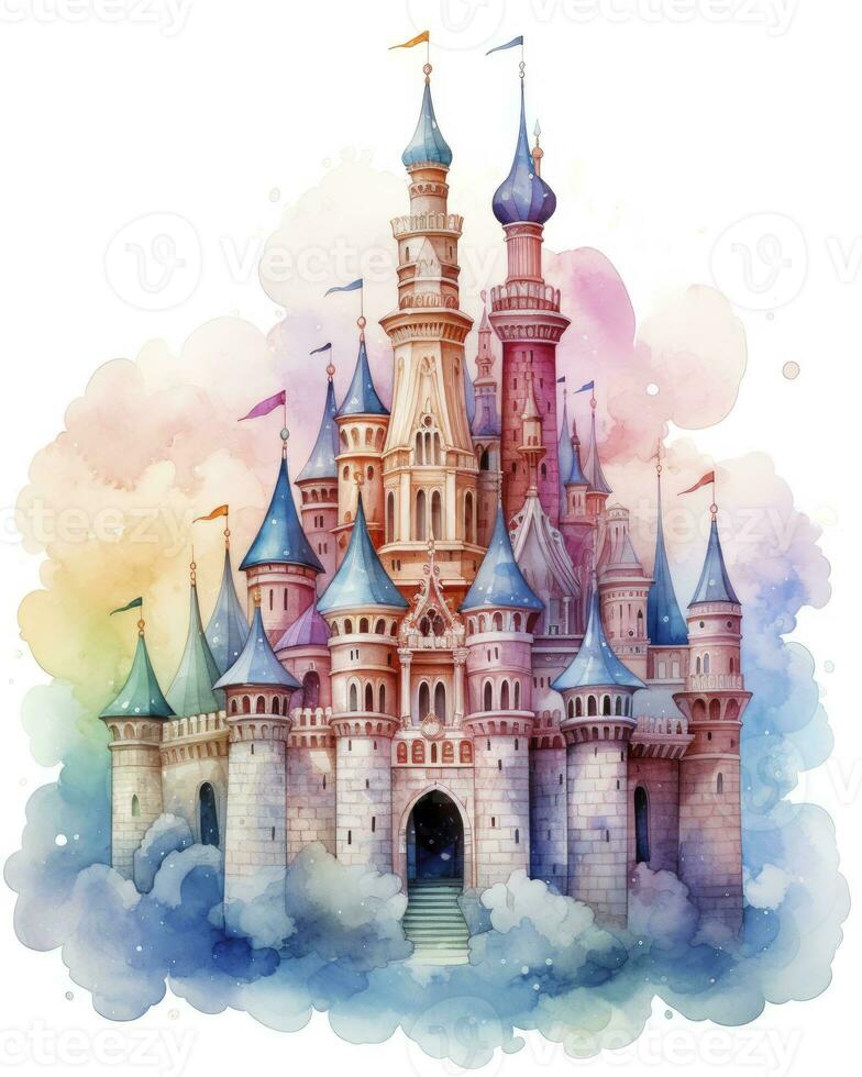 AI generated Colorful watercolor kawaii castle isolated on white background. AI Generated photo