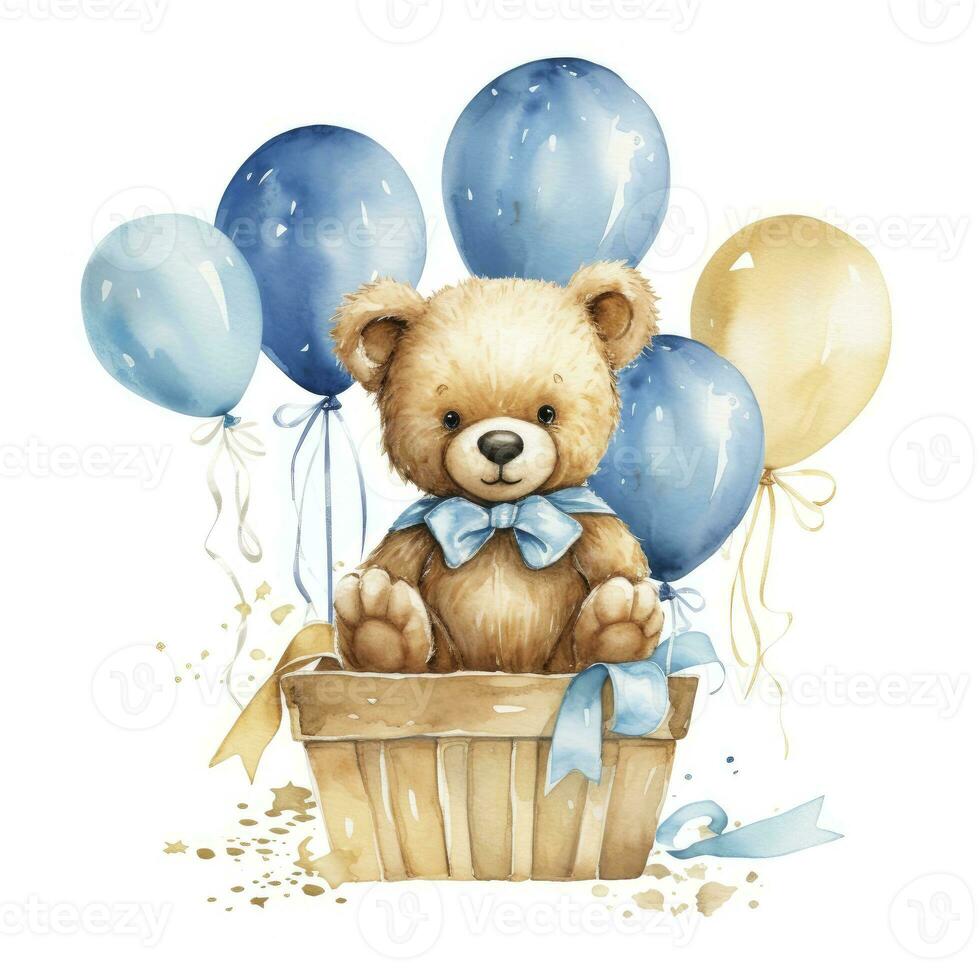 AI generated A watercolor baby teddy bear is sitting in the basket with blue and gold balloons. AI Generated photo