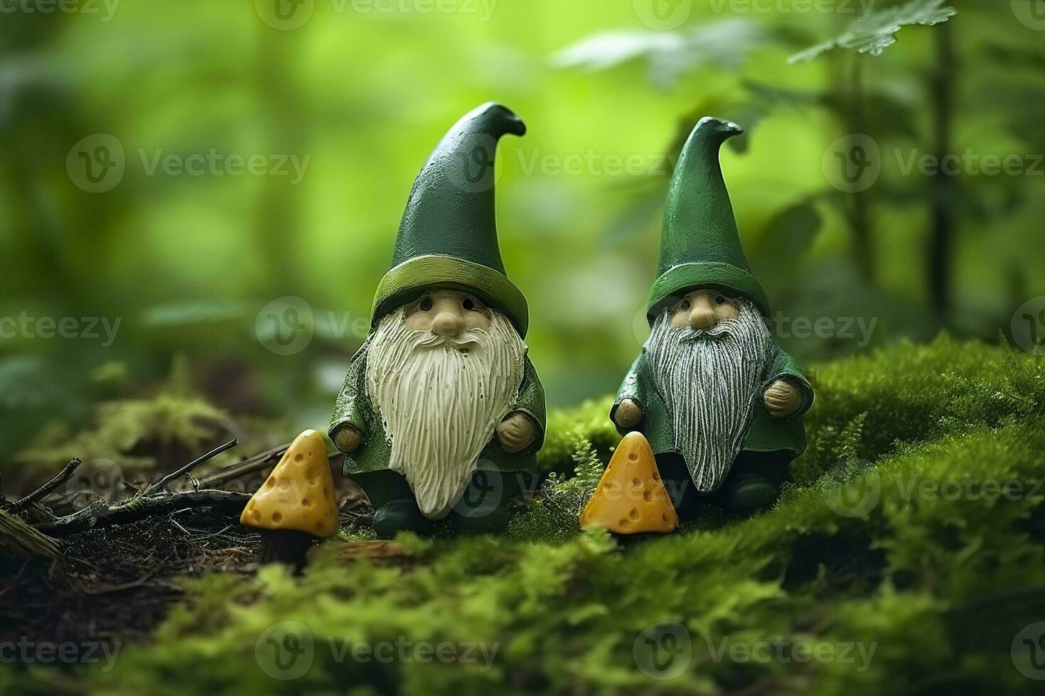 AI generated Toy Irish gnomes in a mystery forest, abstract green natural background. Generative AI photo