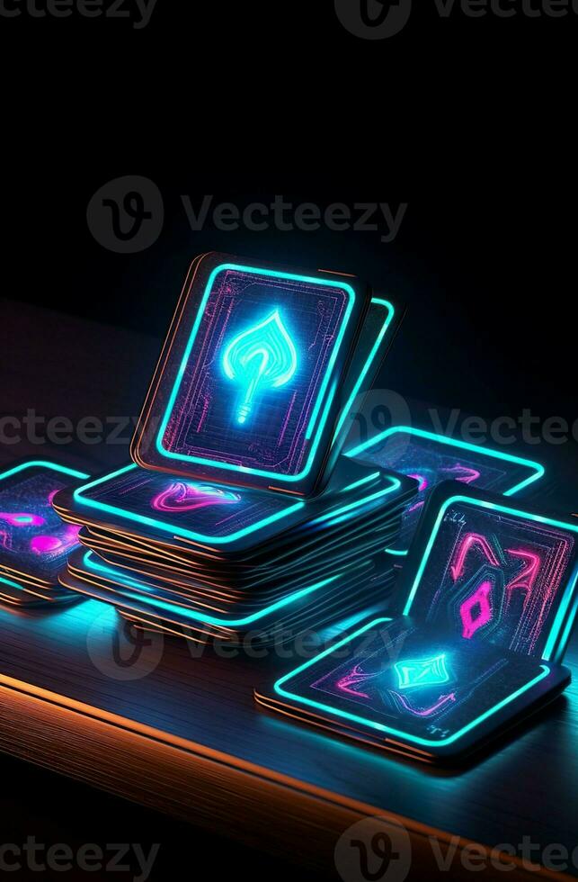 AI generated Some playing cards with glowing neon designs on a tablet. Generative AI photo