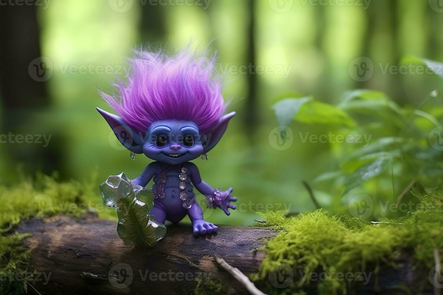 AI generated Tale troll with crystals in the forest, natural green background. Generative AI photo