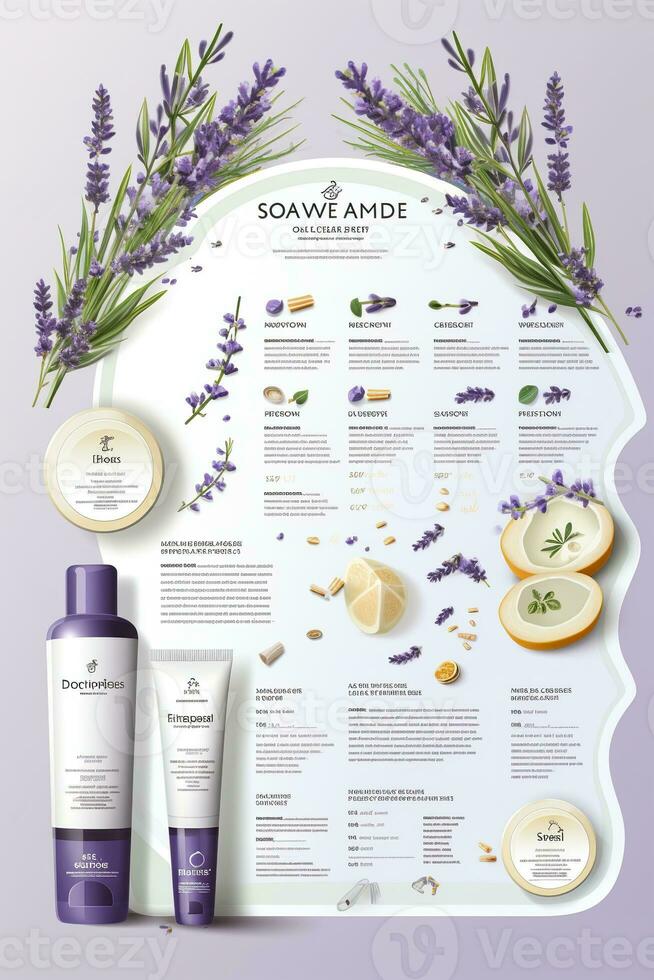 AI generated Beautiful flyer to present a store that sells products, body care, soap, cream, oil. Generative AI photo