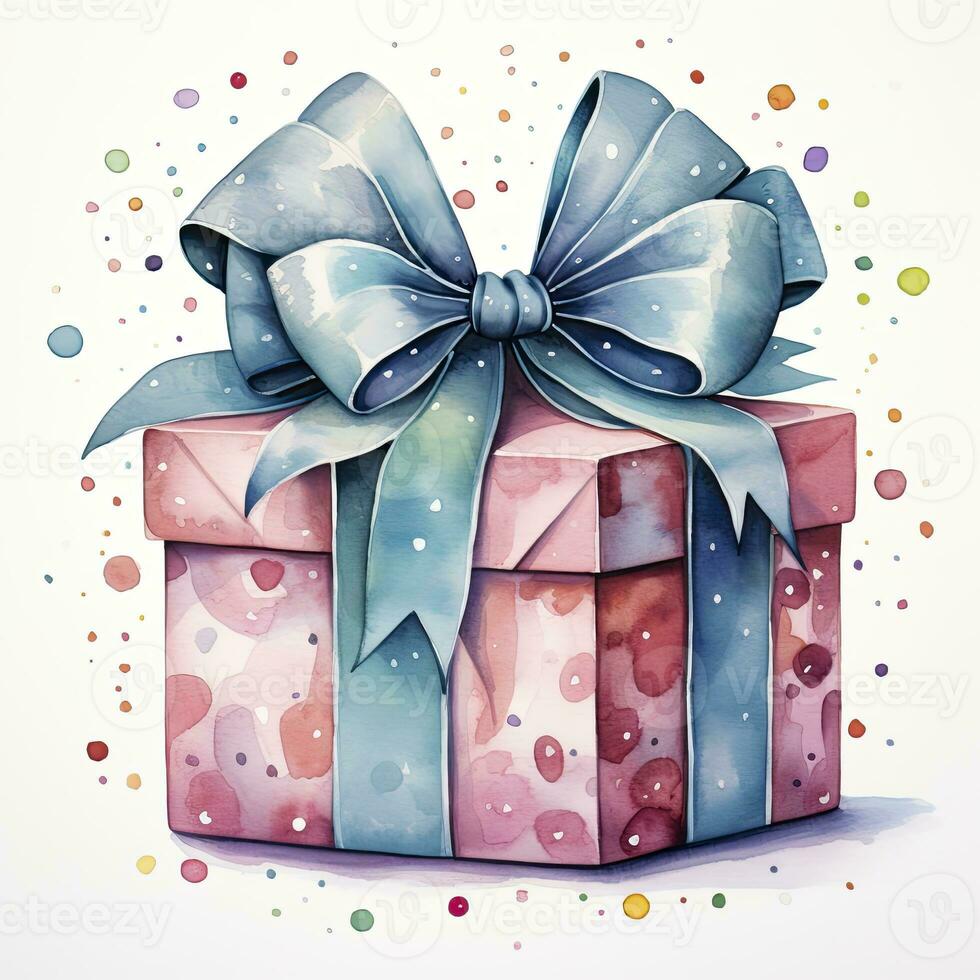 AI generated Watercolor birthday present with bow isolated on white background.  AI Generated photo