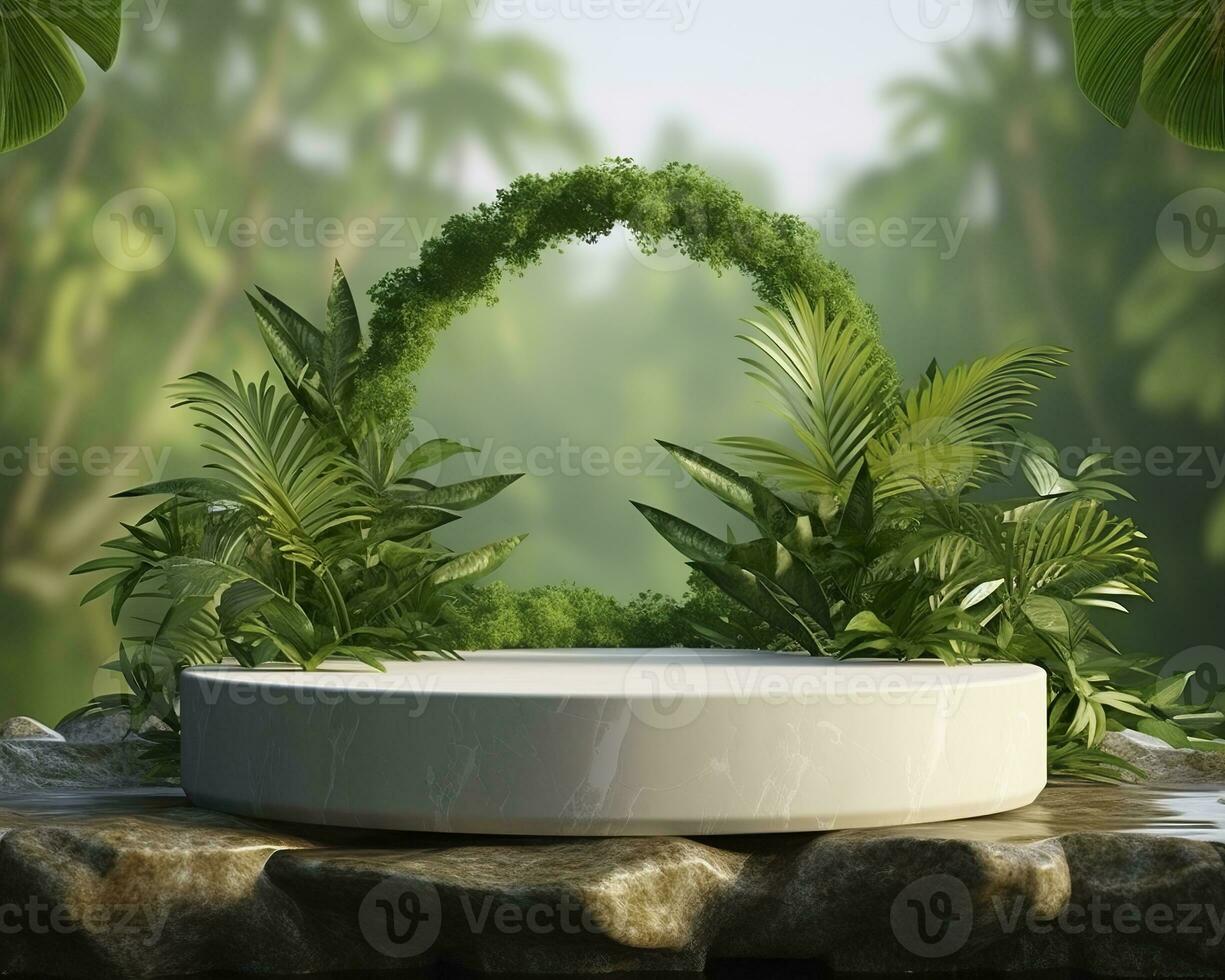 AI generated Stone product display podium for cosmetic product with green nature garden background. Generative AI photo