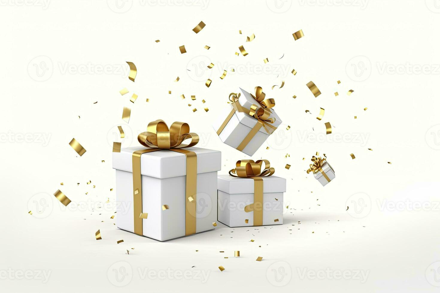 AI generated Merry New Year and Merry Christmas 2024 white gift boxes with golden bows and gold sequins confetti on white background. AI Generated photo