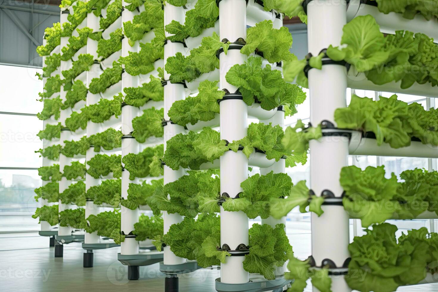 AI generated Vertical Hydroponic Plant System With Cultivated Lettuces. AI Generated photo