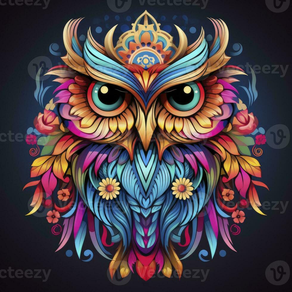 AI generated Multicolored mandala owl coloring page for adults. AI Generated photo