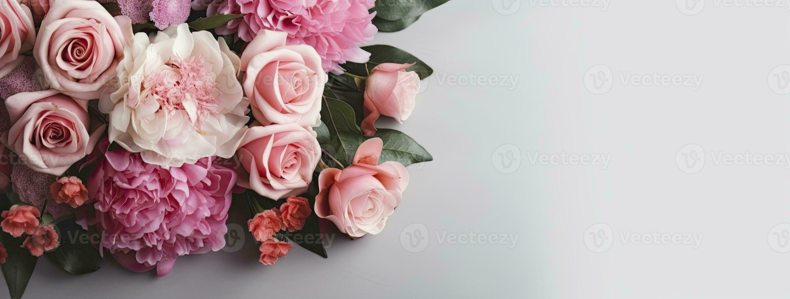 AI generated Fresh bunch of pink peonies and roses with copy space. AI Generated photo